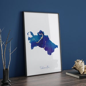 Turkmenistan Map Blue and Gold Wall Art Print