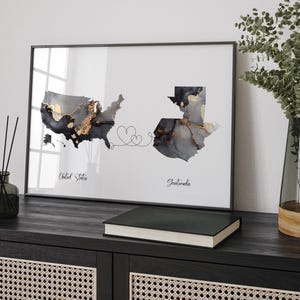 Impresión de arte mural de viaje en negro y dorado con mapa de Estados Unidos y Guatemala / Estados Unidos / América / Regalo de viaje para mudanza a casa