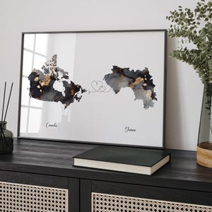 Carte du Canada et de la Guinée, impression d'art mural de voyage noir et or | Canadienne | Décoration minimaliste | Art du voyage international