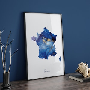 Frankreich Karte Blau und Gold Wand Kunst Druck