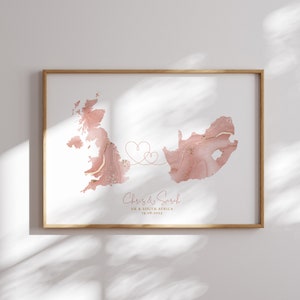 Impression de carte personnalisée | Carte personnalisée de deux pays ou des États-Unis, impression d'art mural de voyage rose et or | Cadeau de fiançailles de mariage