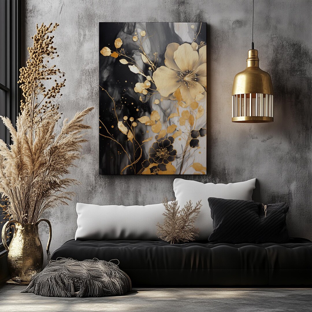 Black and Gold Bloom Flower Wall Art | Abstract Canvas | Elegant Modern ...