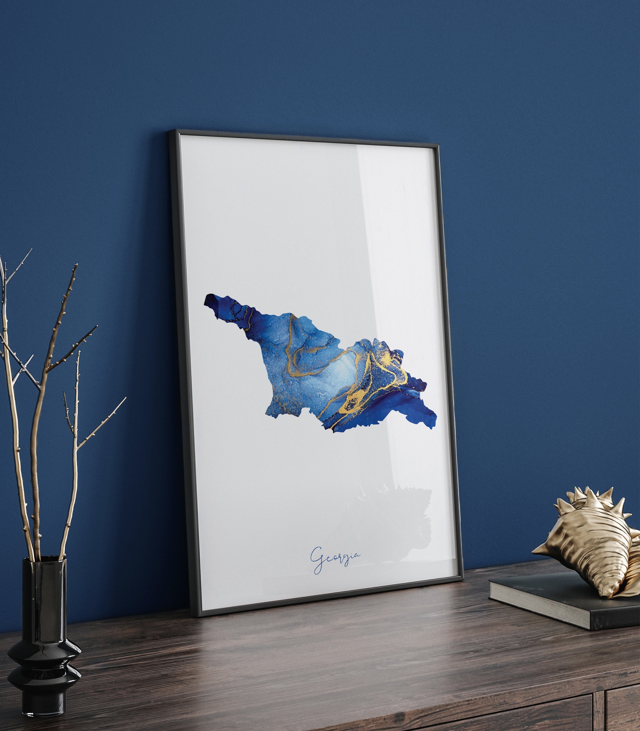 Georgia Map Blue and Gold Wall Art Print - Etsy
