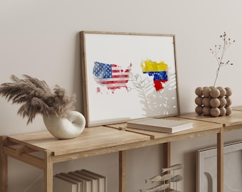 US to Venezuela Watercolour Flag Map Wall Art Print | United State of America to Venezuela Anniversary Moving Gift