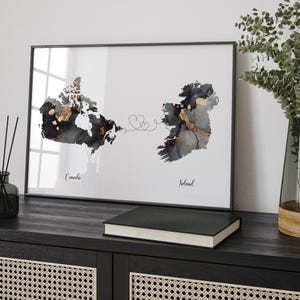 Impresión de arte mural de viaje en negro y dorado con mapa de Canadá e Irlanda / Decoración minimalista canadiense / Arte de viaje internacional