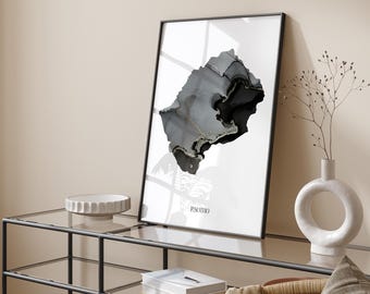 May include: A black and white abstract art print of the island of Lesotho in a black frame. The print is on a white background and the name "LESOTHO" is printed in black at the bottom of the print.