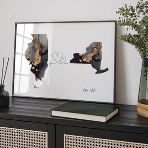 Carte de l'Illinois et de New York, impression d'art mural de voyage noir et or | Illinois | Cadeau déménagement