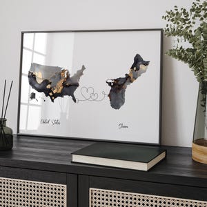Impresión de arte de pared de viaje en negro y dorado con mapa de Estados Unidos y Guam / Estados Unidos / América / Regalo de viaje para mudanza a casa