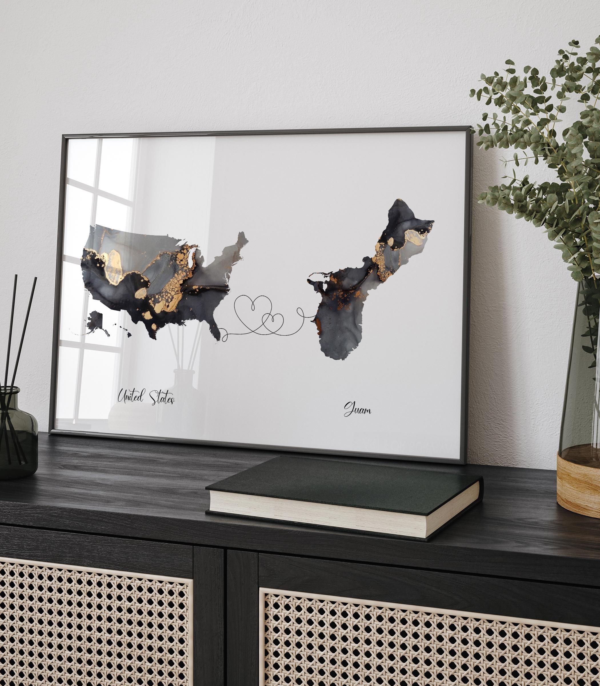 USA and Guam Map Black & Gold Travel Wall Art Print | United States | America | Travel Moving Home Gift
