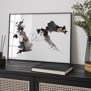 Impresión de arte mural de viaje en negro y dorado con el mapa de Gran Bretaña y Croacia / Reino Unido / Reino Unido