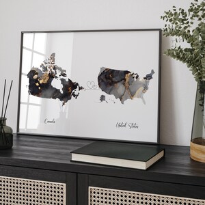 Carte du Canada et des États-Unis, impression d'art mural de voyage noir et or | Canadienne | Décoration minimaliste | Art du voyage international