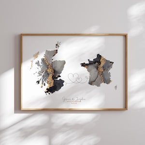 Schotland en FRANKRIJK kaart zwart-goud reizen muurkunst print | Schotland | Cadeau voor op reis verhuizen