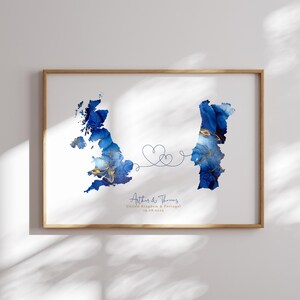 Großbritannien und Portugal Karte Blau & Gold Reise Wand Kunst Druck | Vereinigtes Königreich | Reisen Umzug Geschenk