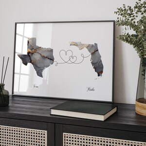 Kaart van Texas en Florida zwart en goud reizen muurkunst print | Texas | Cadeau voor op reis verhuizen