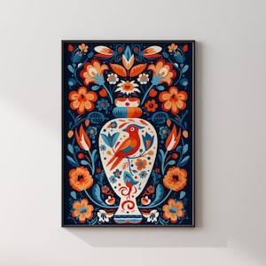 Arte mural con estampado de Talavera mexicana / Impresión de arte mural de México / Decoración mexicana / Edición de jarrón con pájaros florales