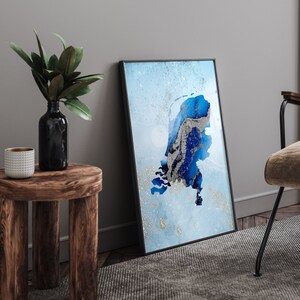 Impression d'art mural, carte des Pays-Bas, nuances de bleu et d'argent