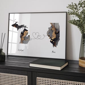 Michigan e Illinois Mappa Black & Gold Travel Wall Art Print / Michigan / Viaggio Trasloco Regalo Casa