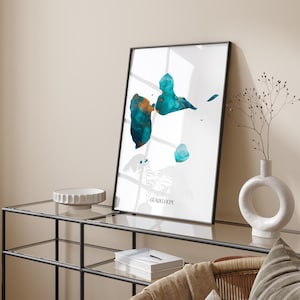 Guadeloupe Map Türkis & Gold Wand Kunst Druck