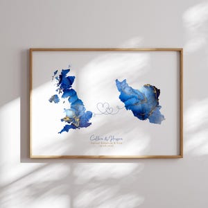 Großbritanien und IRAN Map Blau & Gold Reise-Wand-Kunst-Druck | Vereinigtes Königreich | Reisen Umzug Geschenk