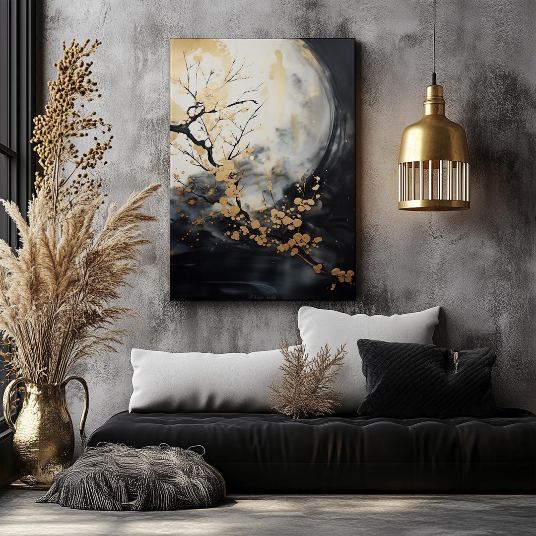 Abstract Tree and Moon Wall Art in Black and Gold | Modern Blossom ...