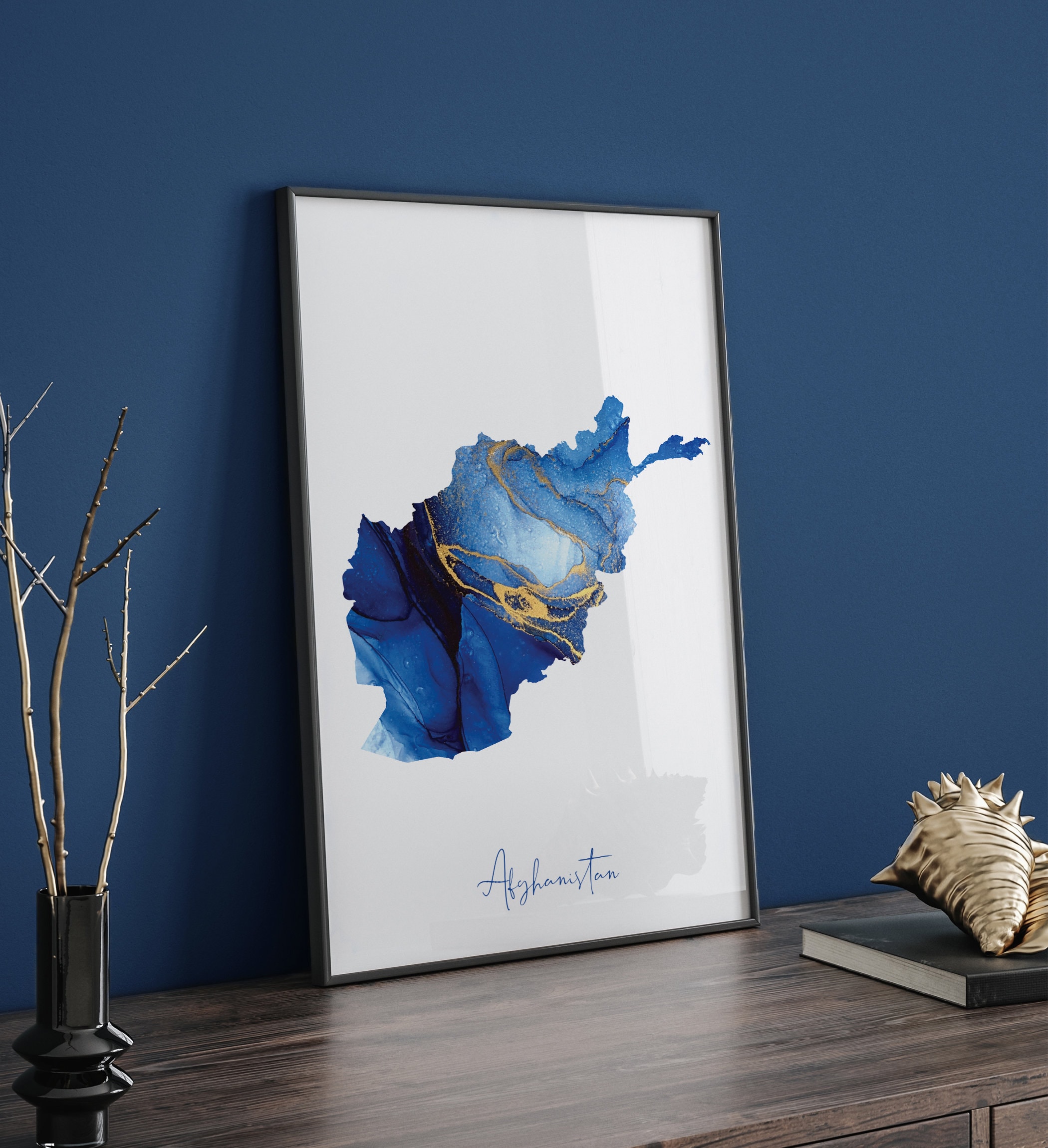 Afghanistan Map Blue and Gold Wall Art Print - Etsy