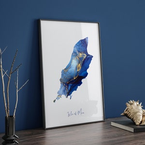 Isle of Man Map Blau-Goldener Wandkunst-Druck (24PU)