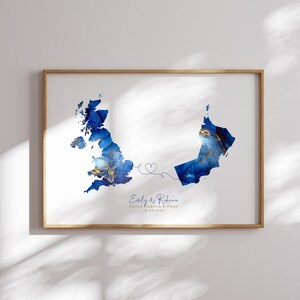 Großbritannien und Oman Karte Blau & Gold Reise Wand Kunst Druck | Vereinigtes Königreich | Reisen Umzug Geschenk