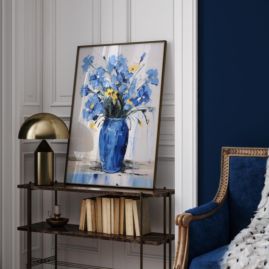 Gold and Blue Flowers in Vase Wall Art | Watercolor Floral Wall Decor ...