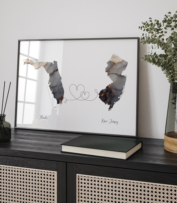 Florida and New Jersey Map Black Gold Travel Wall Art Print