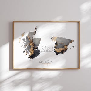 Impression d'art mural de voyage noir et or carte de l'Ecosse et de l'Espagne | Écosse | Cadeau déménagement