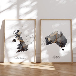 Set von 2 Benutzerdefinierte Land oder US Zustand Karte Schwarz & Gold Reise Wand Kunst Druck