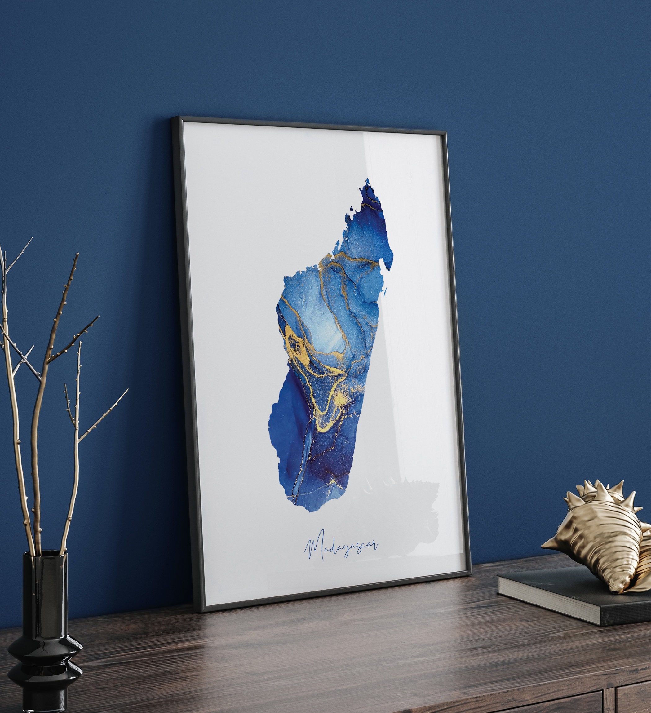 Madagascar Map Blue and Gold Wall Art Print