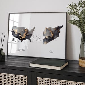 Carte des Etats-Unis et de la Syrie, impression d'art mural de voyage noir et or | États-Unis | Amérique | Cadeau déménagement