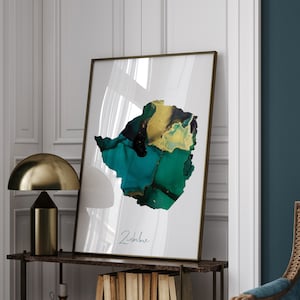 Kunstdruck Simbabwe Map, smaragdgrün und goldfarben