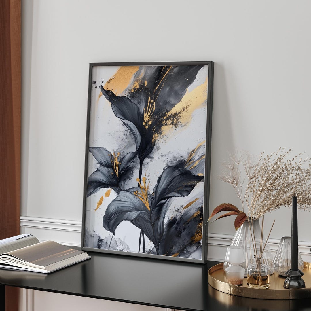 Black & Gold Petal Flower Art Print Black and Gold Floral Wall Art