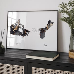 Impresión de arte mural de viaje en negro y dorado con mapa de Canadá y Guam / Canadá / Decoración minimalista / Arte de viaje internacional