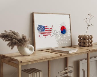 US to South Korea Watercolour Flag Map Wall Art Print | United State of America to South Korea Anniversary Moving Gift