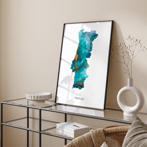 Portugal Map Turquoise & Gold Wall Art Print