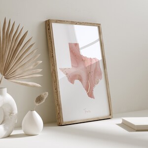 Impresión de arte mural en rosa y dorado con el mapa de Texas / EE. UU. / Estado de EE. UU. / Estados Unidos de América