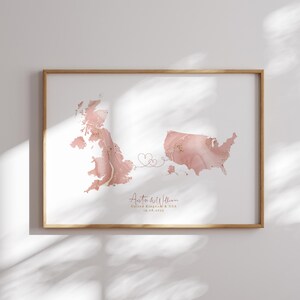 Großbritanien und USA Karte Pink & Gold Reise Wand Kunst Druck | Vereinigtes Königreich | Reisen Umzug Geschenk