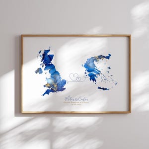 Großbritannien und Griechenland Karte Blau & Gold Reise Wand Kunst Druck | Vereinigtes Königreich | Reisen Umzug Geschenk