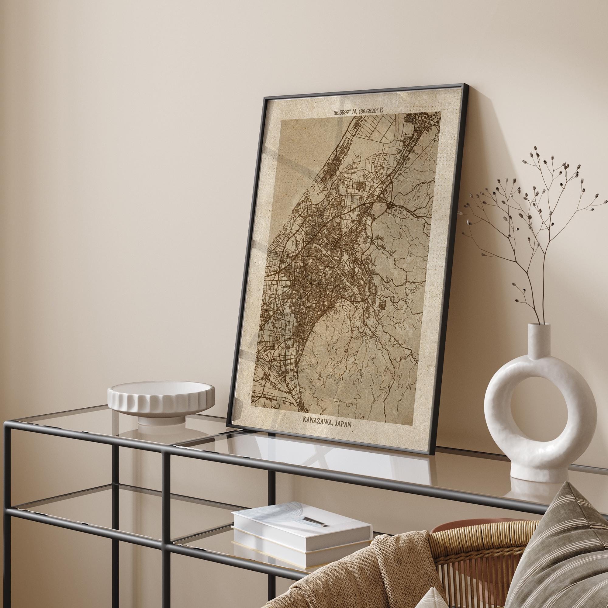Kanazawa, Ishikawa Map | Vintage Beige Detailed Map Print | Japan