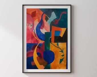 May include: Abstract painting with bold shapes and colors. The painting features a mix of red, orange, yellow, blue, and green. The shapes are organic and flowing, creating a sense of movement and energy.