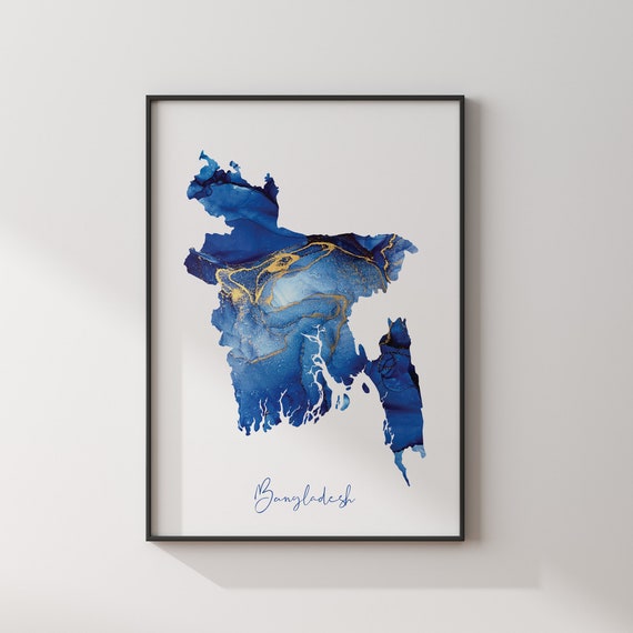 バングラデシュ地図の青と金の壁アートプリント - Etsy 日本