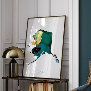 Mapa do Alasca em verde esmeralda e impressão de arte de parede dourada | Estado dos EUA | EUA | Estados Unidos da América