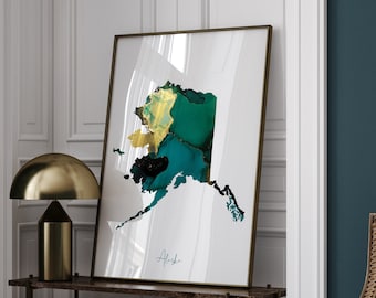 Alaska Map Emerald Green and Gold Wall Art Print | US State | USA | United States of America