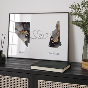 Nevada und New Hampshire Karte Schwarz & Gold Reise Wand Kunst Druck | Nevada | Reisen Umzug Geschenk