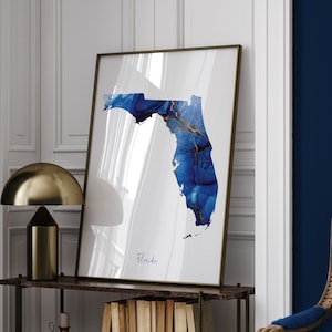 Blauwe en gouden muurkunstprint Florida kaart | Amerikaanse staat | Verenigde Staten van Amerika | VS