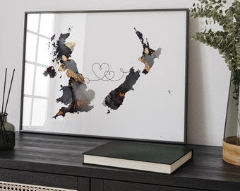 Britain and New Zealand Map Black & Gold Travel Wall Art Print | United Kingdom | UK