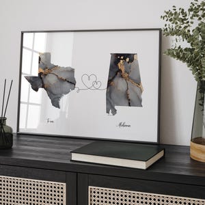 Carte du Texas et de l'Alabama, impression d'art mural de voyage noir et or | Texas | Cadeau déménagement